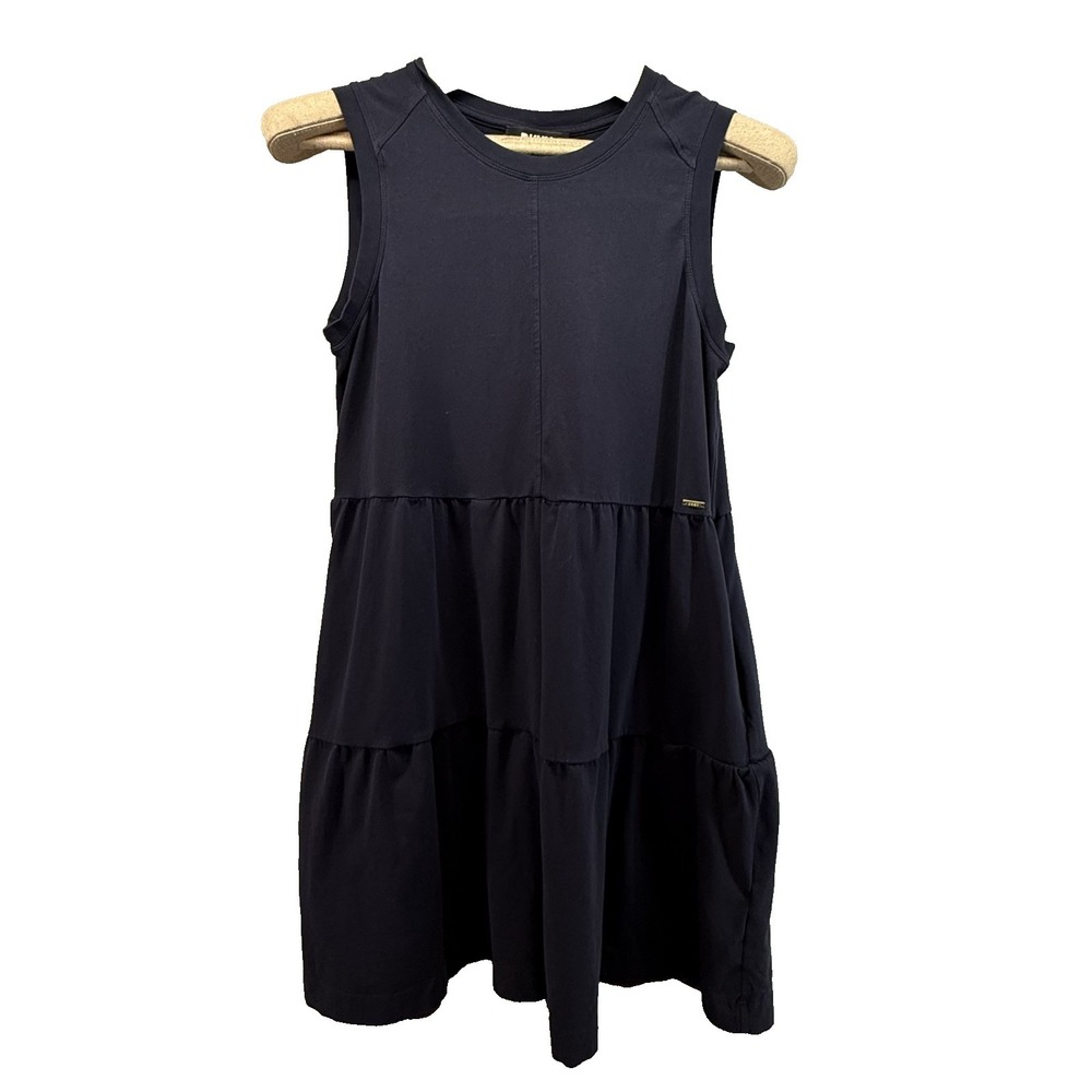 DKNY Dress Womens Medium Navy Blue Tiered Ruffle Sleeveless Cotton Stretch Swing